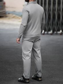 Manfinity CasualCool 男士休閒素色拉鍊夾克套裝，灰色，兩件套 - 深灰色 - 查看 6