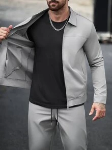 Manfinity CasualCool 男士休閒素色拉鍊夾克套裝，灰色，兩件套 - 深灰色 - 查看 7