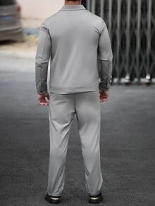 Manfinity CasualCool 男士休閒素色拉鍊夾克套裝，灰色，兩件套 - 深灰色 - 查看 5
