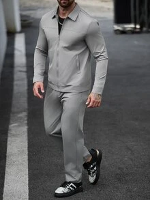 Manfinity CasualCool 男士休閒素色拉鍊夾克套裝，灰色，兩件套 - 深灰色 - 查看 8