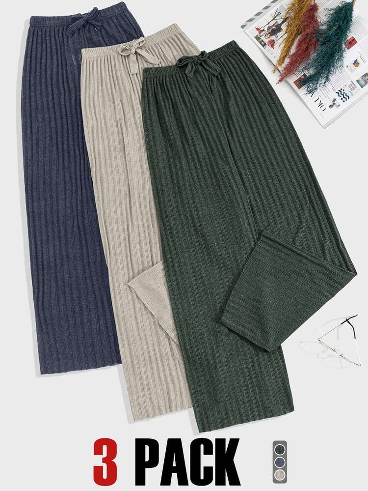 SHEIN 3pcs Rib Knit Multicolour Fake Drawsting Detail Long Pants Homewear Comfort Casual Women PLUS Size Sleep Bottoms Set For Summer - Multicolor - View 1