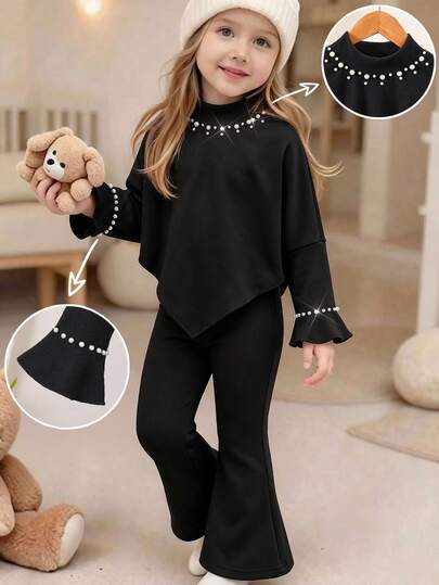 Elladie kids Tween Girl) Autumn/Winter Casual T-Shirt Set, White Beaded Decoration On Front And Sleeves, Asymmetrical Design, High Neck, Black Knit Fabric Long Sleeve T-Shirt Top Paired With Black Casual Flared Pants, 2 Pieces Set, Suitable For Autumn/Winter Back To School Season, Elegant Lady Style, Minimalist Commute, Premium Outfit For Daily Wear, School, Outings, Vacations, And Parties