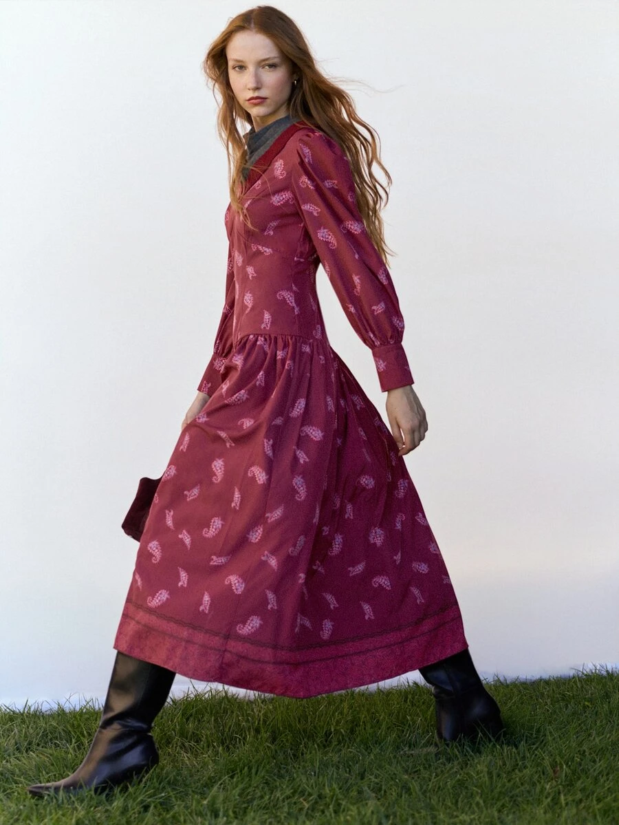 Nöista Burgundy Paisley Pattern Long Sleeve Dress, Elegant And Comfortable, A Classic Piece That Cannot Be Missed In A Vintage Style Wardrobe. Suitable For Autumn And Winter. - Red - View 1