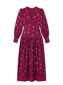 Nöista Burgundy Paisley Pattern Long Sleeve Dress, Elegant And Comfortable, A Classic Piece That Cannot Be Missed In A Vintage Style Wardrobe. Suitable For Autumn And Winter. - Red - View 7