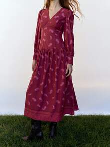 Nöista Burgundy Paisley Pattern Long Sleeve Dress, Elegant And Comfortable, A Classic Piece That Cannot Be Missed In A Vintage Style Wardrobe. Suitable For Autumn And Winter. - Red - View 2
