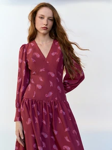 Nöista Burgundy Paisley Pattern Long Sleeve Dress, Elegant And Comfortable, A Classic Piece That Cannot Be Missed In A Vintage Style Wardrobe. Suitable For Autumn And Winter. - Red - View 6