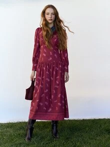 Nöista Burgundy Paisley Pattern Long Sleeve Dress, Elegant And Comfortable, A Classic Piece That Cannot Be Missed In A Vintage Style Wardrobe. Suitable For Autumn And Winter. - Red - View 3
