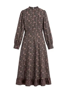 Nöista Floral Midi Dress With Ruffle Neck And Layered Skirt. Fall Winter, Christmas, Valentines, Day To Night. - Coffee Brown - View 8
