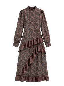 Nöista Floral Midi Dress With Ruffle Neck And Layered Skirt. Fall Winter, Christmas, Valentines, Day To Night. - Coffee Brown - View 7