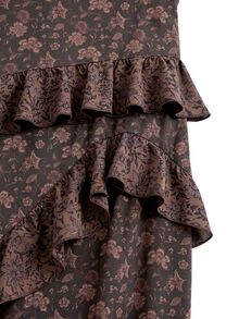 Nöista Floral Midi Dress With Ruffle Neck And Layered Skirt. Fall Winter, Christmas, Valentines, Day To Night. - Coffee Brown - View 10