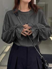 FRIFUL 女士休闲百搭纯色抽绳袖口T恤 - 灰色 - 查看 8