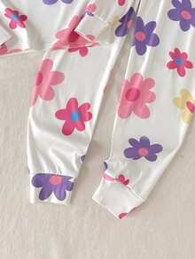 SHEIN Tween Girl Floral Print Long Sleeve Top & Long Pants Casual Comfortable Loungewear Pajama Set 2pcs Slim Fit - White - View 5