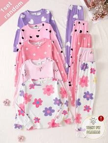 SHEIN Tween Girl Floral Print Long Sleeve Top & Long Pants Casual Comfortable Loungewear Pajama Set 2pcs Slim Fit - White - View 1