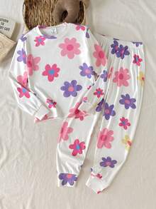 SHEIN Tween Girl Floral Print Long Sleeve Top & Long Pants Casual Comfortable Loungewear Pajama Set 2pcs Slim Fit - White - View 6