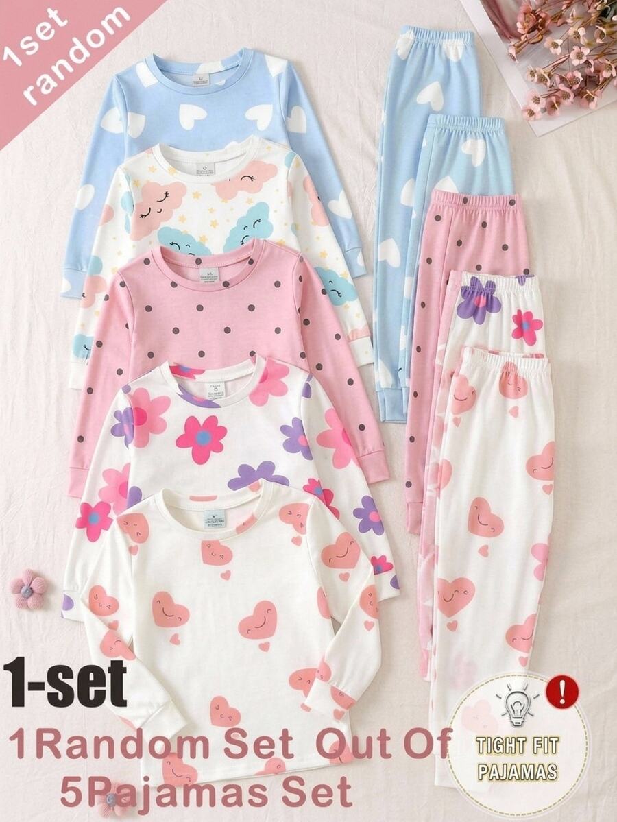SHEIN 少女花卉印花長袖上衣與長褲休閒舒適居家睡衣套裝 2件組 修身版型 - 白色 - 查看 1