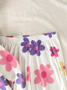 SHEIN Tween Girl Floral Print Long Sleeve Top & Long Pants Casual Comfortable Loungewear Pajama Set 2pcs Slim Fit - White - View 3