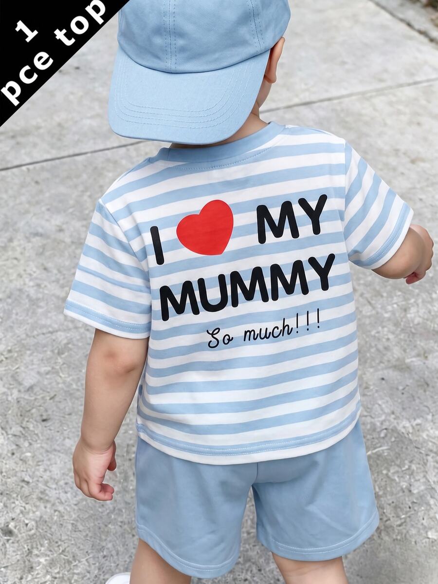 小男孩短袖T恤，休閒極簡風格適合夏季，經典條紋圖案印花，I Love Mom 溫馨文字圖案印花，背面圖案印花，愛心圖案印花 - 彩色 - 查看 1