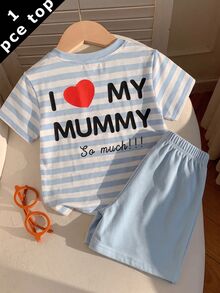 小男孩短袖T恤，休閒極簡風格適合夏季，經典條紋圖案印花，I Love Mom 溫馨文字圖案印花，背面圖案印花，愛心圖案印花 - 彩色 - 查看 3