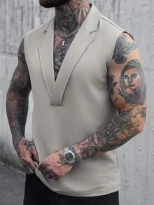 Manfinity CasualCool 男士休閒純色背心，卡其色，夏季，獵遊風，夜晚無袖婚禮背心，優雅老錢風米色度假背心 - 灰色 - 查看 2