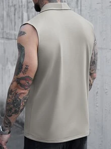 Manfinity CasualCool 男士休閒純色背心，卡其色，夏季，獵遊風，夜晚無袖婚禮背心，優雅老錢風米色度假背心 - 灰色 - 查看 5