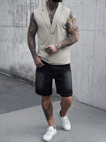 Manfinity CasualCool 男士休閒純色背心，卡其色，夏季，獵遊風，夜晚無袖婚禮背心，優雅老錢風米色度假背心 - 灰色 - 查看 4