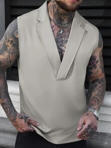 Manfinity CasualCool 男士休閒純色背心，卡其色，夏季，獵遊風，夜晚無袖婚禮背心，優雅老錢風米色度假背心 - 灰色 - 查看 3