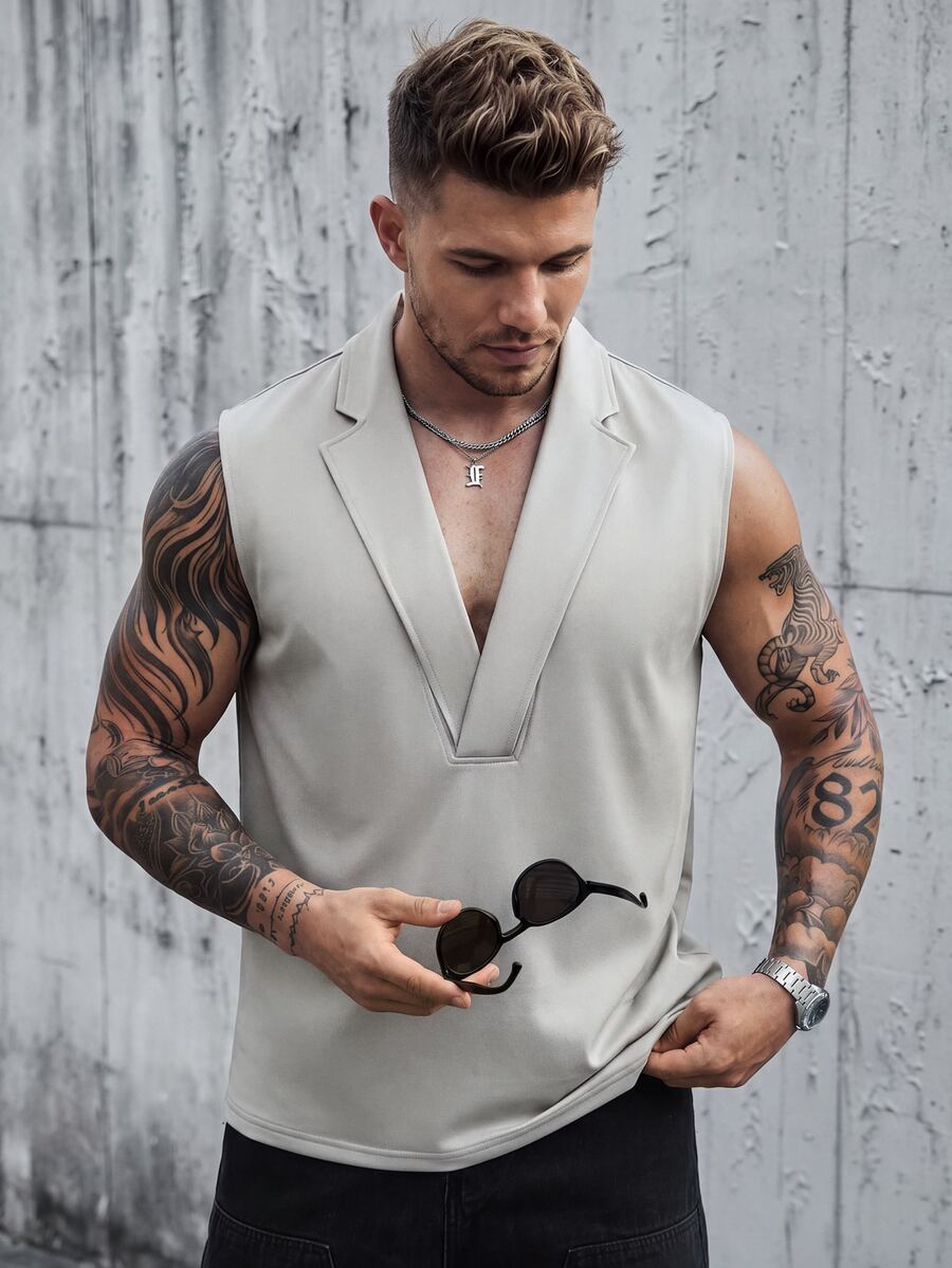 Manfinity CasualCool 男士休閒純色背心,卡其色,夏季,獵遊風,夜晚無袖婚禮背心,優雅老錢風米色度假背心 - 灰色 - 查看 1