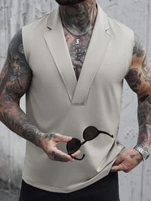 Manfinity CasualCool 男士休閒純色背心，卡其色，夏季，獵遊風，夜晚無袖婚禮背心，優雅老錢風米色度假背心 - 灰色 - 查看 7