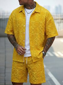 Manfinity CasualCool Men's Yellow Casual Jacquard Short Sleeve Button-Up Shirt & Drawstring Shorts Set,Funny Summer Holiday Vacation 2 Piece Outfits For Wedding Party - Yellow - View 6
