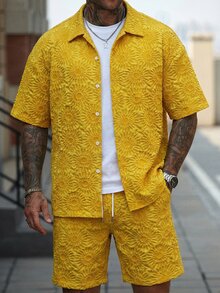 Manfinity CasualCool Men's Yellow Casual Jacquard Short Sleeve Button-Up Shirt & Drawstring Shorts Set,Funny Summer Holiday Vacation 2 Piece Outfits For Wedding Party - Yellow - View 7