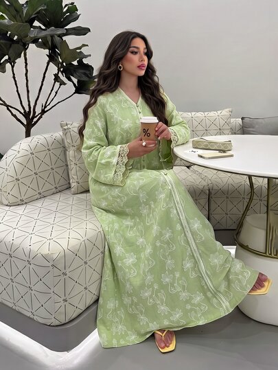 Al Najma Women's Elegant V-Neck Printed Floral Trim Patchwork Long Sleeve Full Skirt Arabian Dress Fall/Winter Vacation Sage Green Vacation Baggy Bohemian