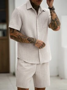Manfinity CasualCool Men's Beige Summer Casual Vacation Short Sleeve Shirt And Elastic Waist Shorts Set,Solid Color Striped Textured Old Money Style Outfits For Travel - Khaki - View 7