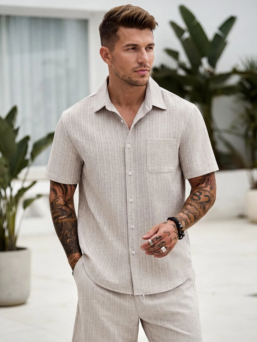 Manfinity CasualCool Men's Beige Summer Casual Vacation Short Sleeve Shirt And Elastic Waist Shorts Set,Solid Color Striped Textured Old Money Style Outfits For Travel - Khaki - View 1