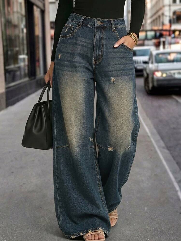 Balvessa Plus Size Women's Pocket Wide Leg Loose Casual Denim Jeans - Blue - View 1