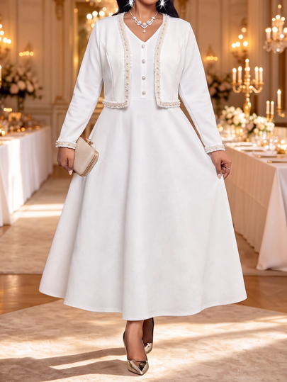 Fleurora Conjunto de 2 piezas de vestido y cárdigan de cuello en V de unicolor para mujer de talla grande, estilo casual