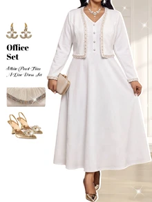 Fleurora Plus Size Women Solid Color V-Neck Dress & Cardigan Casual 2 Pieces Set - Multicolor - View 6
