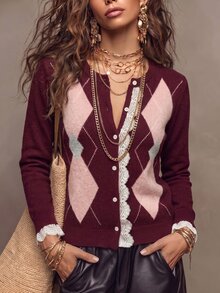 SHEIN Women's Round Neck Argyle Long Sleeve Cardigan, Contrast Color Knit Spring/Autumn/Winter Cardigan, Burgundy Loose Fit Cardigan, Daily Versatile Lace Patchwork Ruffle Trim Cardigan - Multicolor - View 4