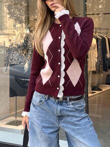 SHEIN Women's Round Neck Argyle Long Sleeve Cardigan, Contrast Color Knit Spring/Autumn/Winter Cardigan, Burgundy Loose Fit Cardigan, Daily Versatile Lace Patchwork Ruffle Trim Cardigan - Multicolor - View 6