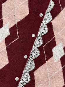 SHEIN Women's Round Neck Argyle Long Sleeve Cardigan, Contrast Color Knit Spring/Autumn/Winter Cardigan, Burgundy Loose Fit Cardigan, Daily Versatile Lace Patchwork Ruffle Trim Cardigan - Multicolor - View 7