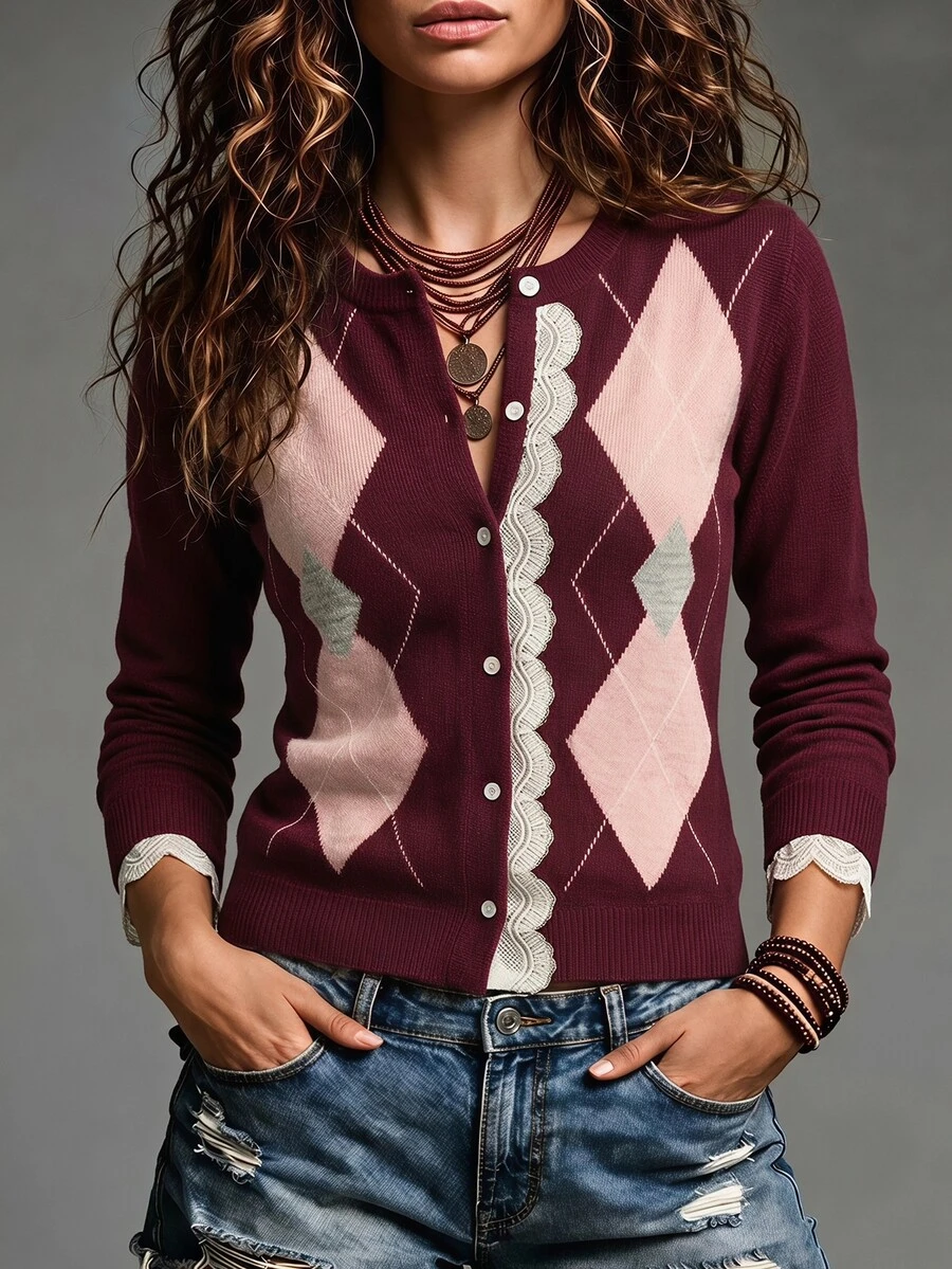 SHEIN Women's Round Neck Argyle Long Sleeve Cardigan, Contrast Color Knit Spring/Autumn/Winter Cardigan, Burgundy Loose Fit Cardigan, Daily Versatile Lace Patchwork Ruffle Trim Cardigan