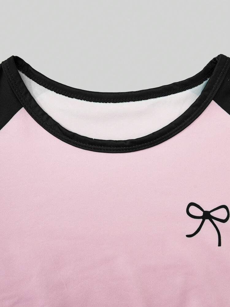 SHEIN Sparklyn T-Shirt Set Pink And Green Color-Block Raglan Short Sleeve Bow Straight Wide-Leg Pants Loose Casual Streetwear Fit Sixth Form Party Summer - Black - View 5