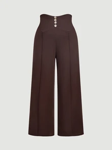 SHEIN MOD Plus Size Vintage Brown Ultra High Waist Wide Leg Pants, Retro Elegant Long Trousers, Daily Commute Outfit - Brown - View 6