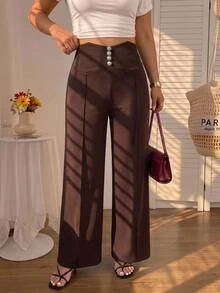 SHEIN MOD Plus Size Vintage Brown Ultra High Waist Wide Leg Pants, Retro Elegant Long Trousers, Daily Commute Outfit - Brown - View 5