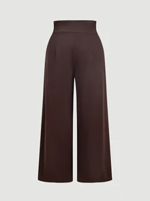SHEIN MOD Plus Size Vintage Brown Ultra High Waist Wide Leg Pants, Retro Elegant Long Trousers, Daily Commute Outfit - Brown - View 2