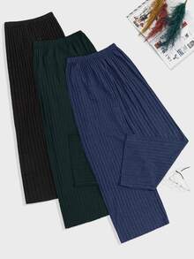 SHEIN Cottnline PLUS SIZE 100Cotton 3 Pcs Solid Knit Pant Set Pajama Pants Wide Leg Ribbed Lounge Drawstring Night Black Dark Green Navy Blue Autumn - Multicolor - View 2