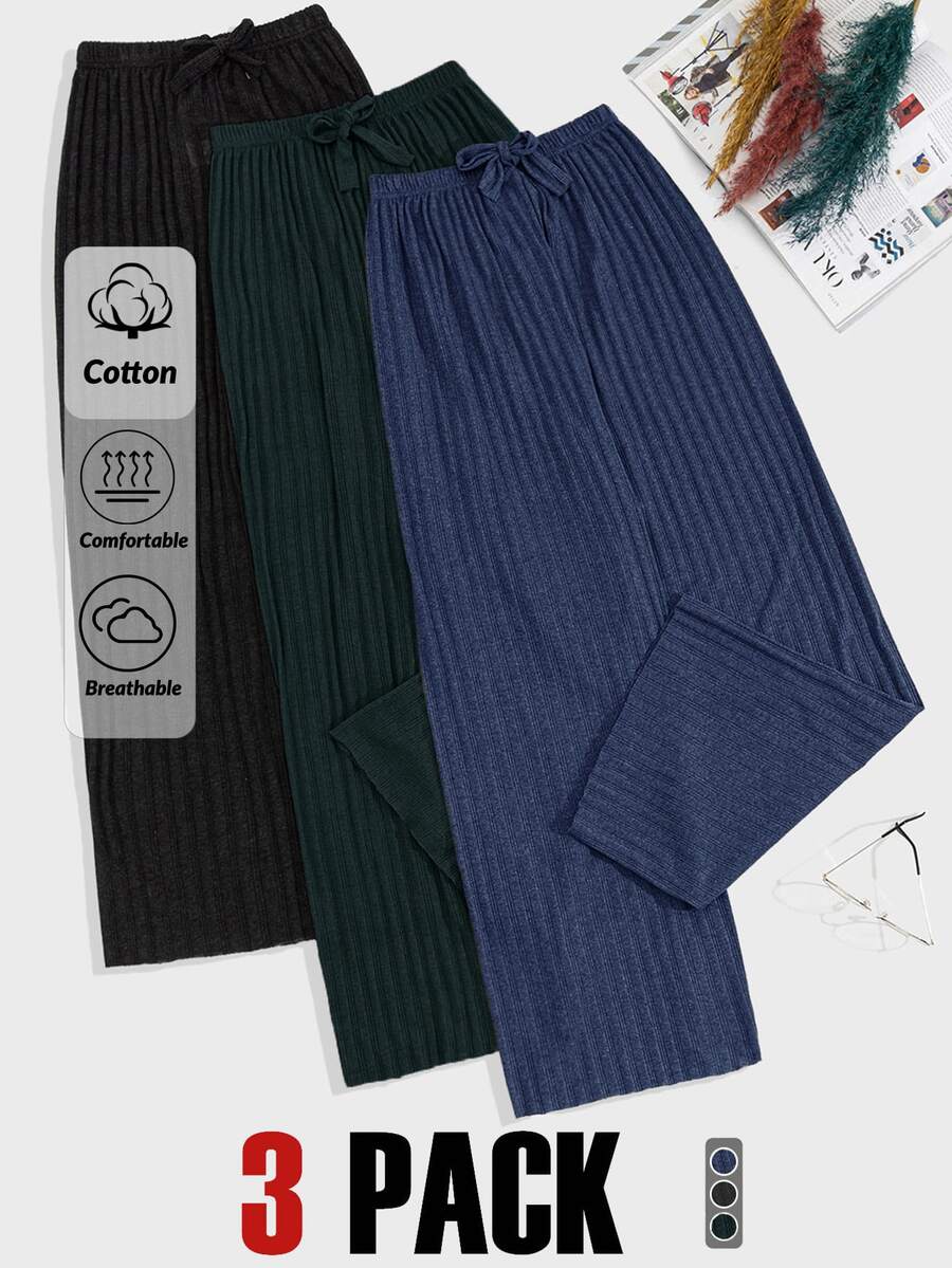 SHEIN Cottnline PLUS SIZE 100Cotton 3 Pcs Solid Knit Pant Set Pajama Pants Wide Leg Ribbed Lounge Drawstring Night Black Dark Green Navy Blue Autumn - Multicolor - View 1