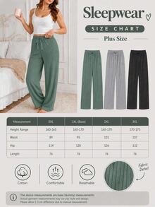 SHEIN Cottnline PLUS SIZE 100Cotton 3 Pcs Solid Knit Pant Set Pajama Pants Wide Leg Ribbed Lounge Drawstring Night Black Dark Green Navy Blue Autumn - Multicolor - View 3