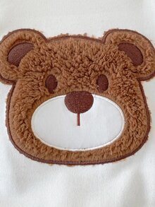 Souflis Souflis 2件組幼兒男孩衛衣長褲套裝，可愛學院風白色與棕色毛絨熊貼布格紋，長袖圓領合身款秋季聚會套頭衫 - 棕色 - 查看 8