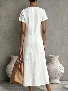 EMERY ROSE Women's Vintage Comfortable Lace Minimalist Round Neck Short Sleeve Dress, Casual Relaxed Bohemian Style For Holiday - White - View 2