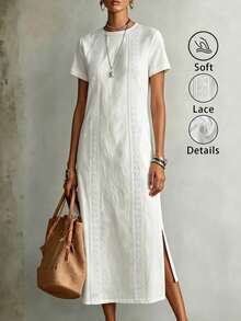EMERY ROSE Women's Vintage Comfortable Lace Minimalist Round Neck Short Sleeve Dress, Casual Relaxed Bohemian Style For Holiday - White - View 1